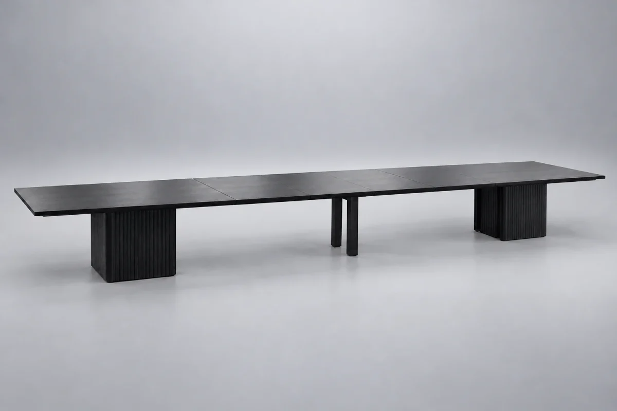 Dale Extendable Dining Table in Ash with Ebony Black paint, extended hero on silver background